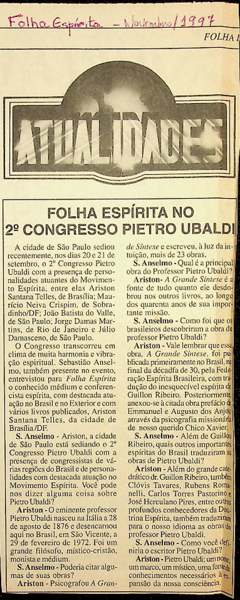 JN – 1997 (NOVEMBRO) FOLHA ESPIRITA NO 2º CONGRESSO PIETRO UBALDI