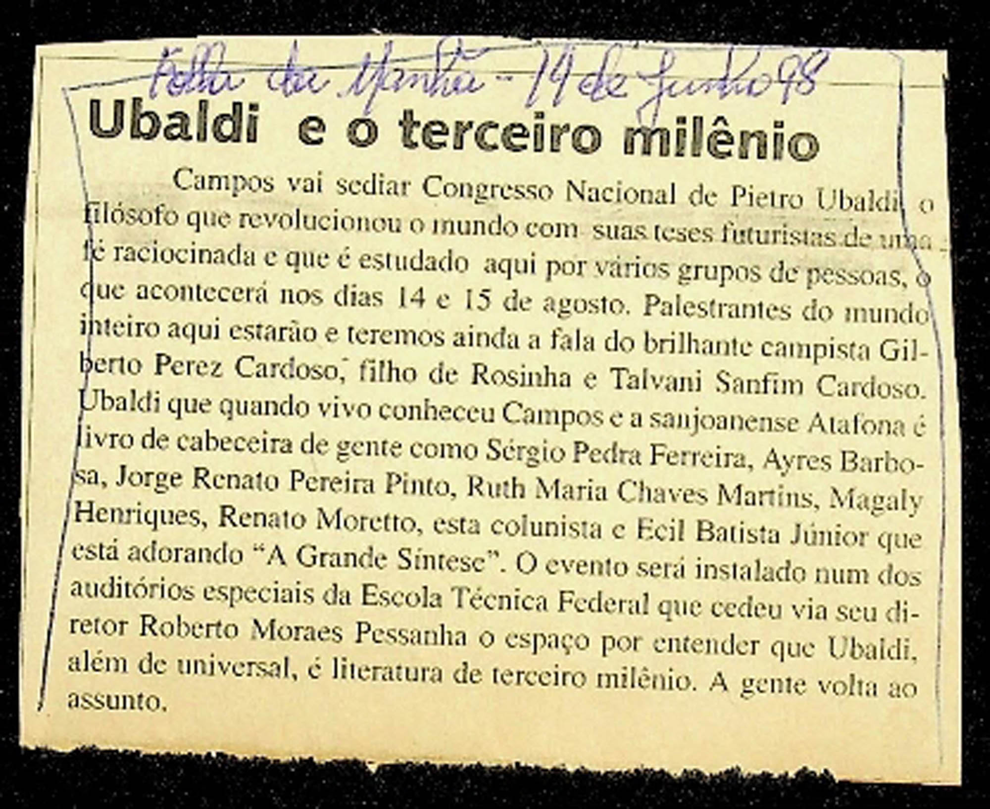 JN – 1998 (14 DE JUNHO) UBALDI E O TERCEIRO MILENIO