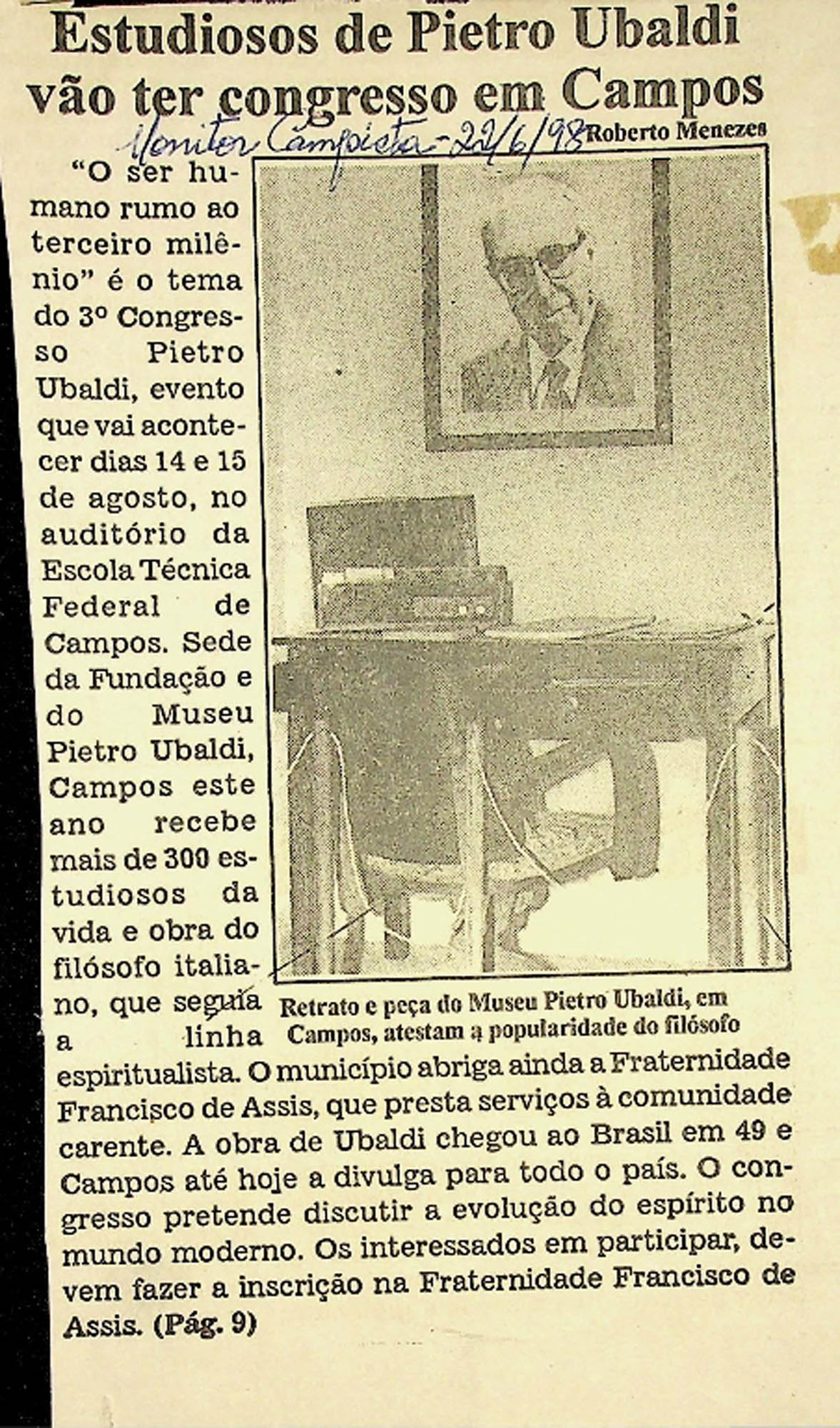 JN – 1998 (22 DE JUNHO) ESTUDIOSOS VAO TER CONGRESSO EM CAMPOS