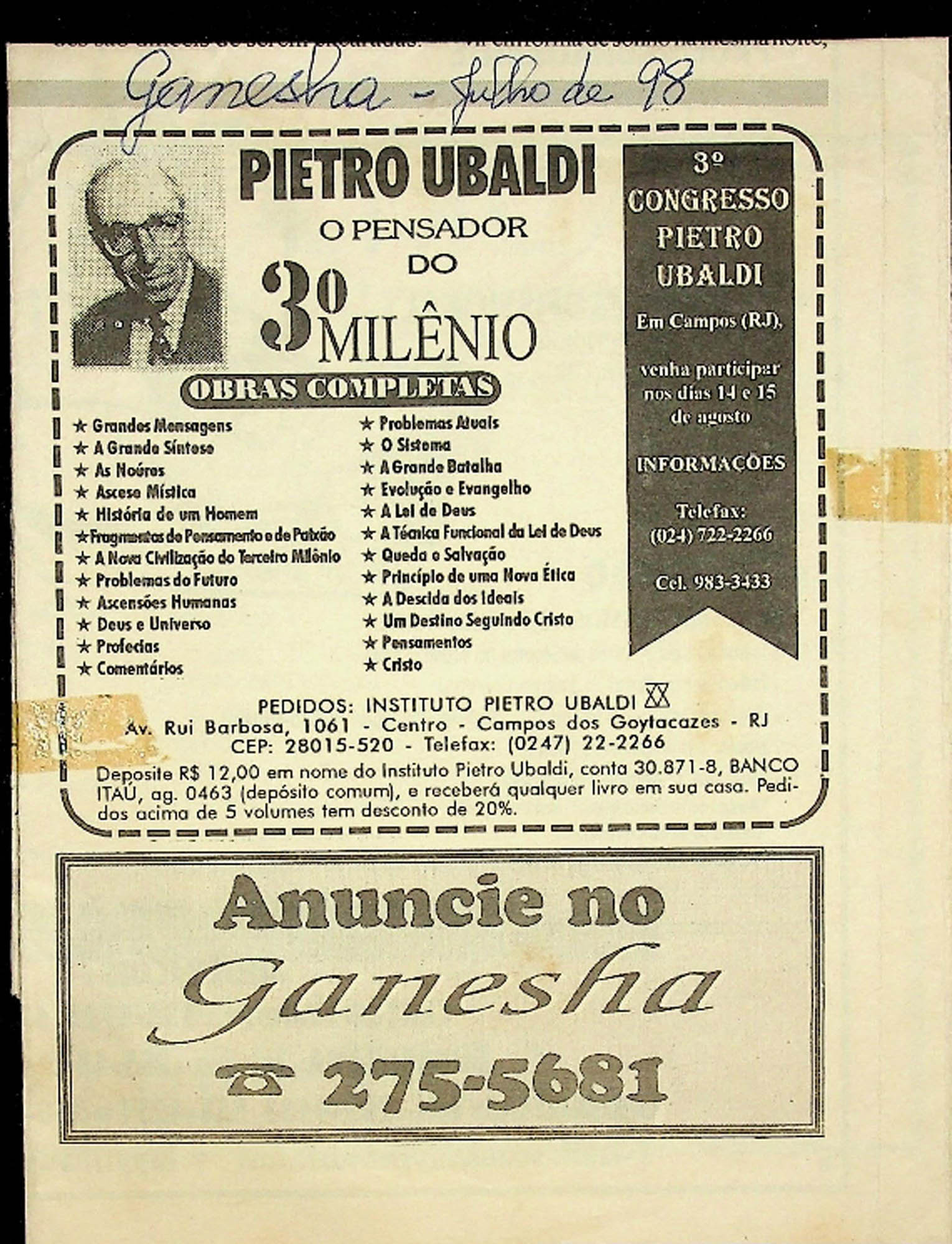 JN – 1998 (JULHO) PIETRO UBALDI O PENSADOR DO 3º MILENIO