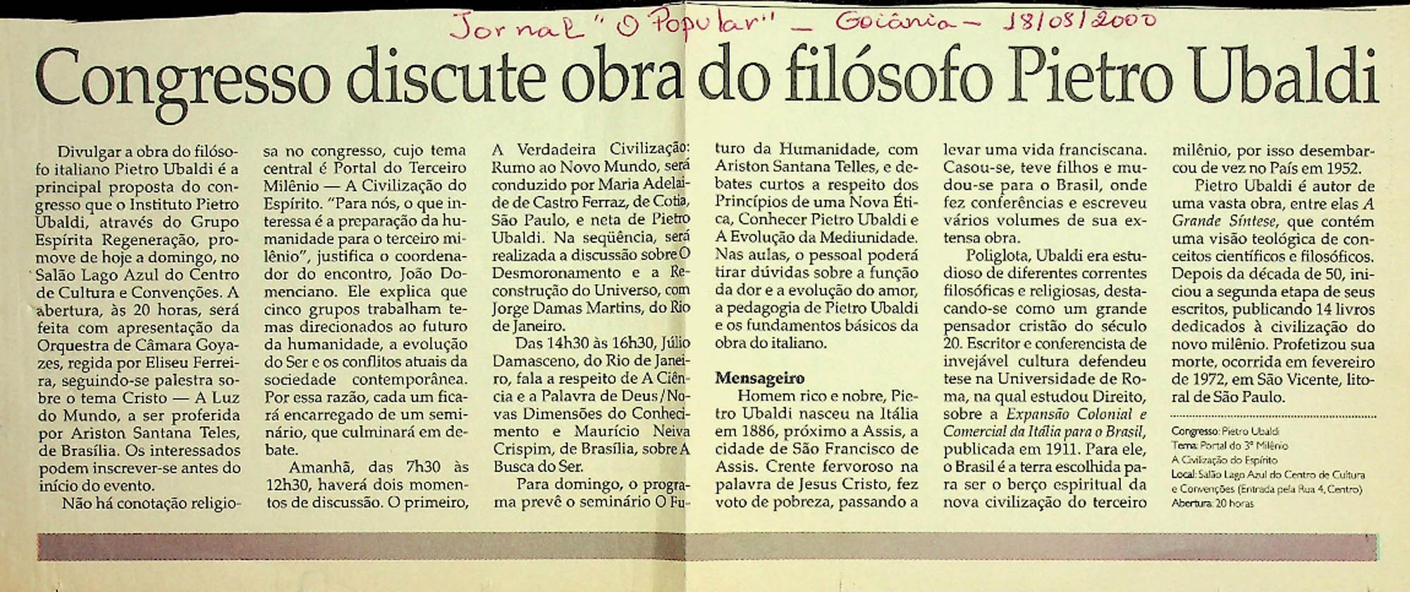 JN – 2000 (18 DE AGOSTO) CONGRESSO DISCUTE OBRA DO FILOSOFO PIETRO UBALDI