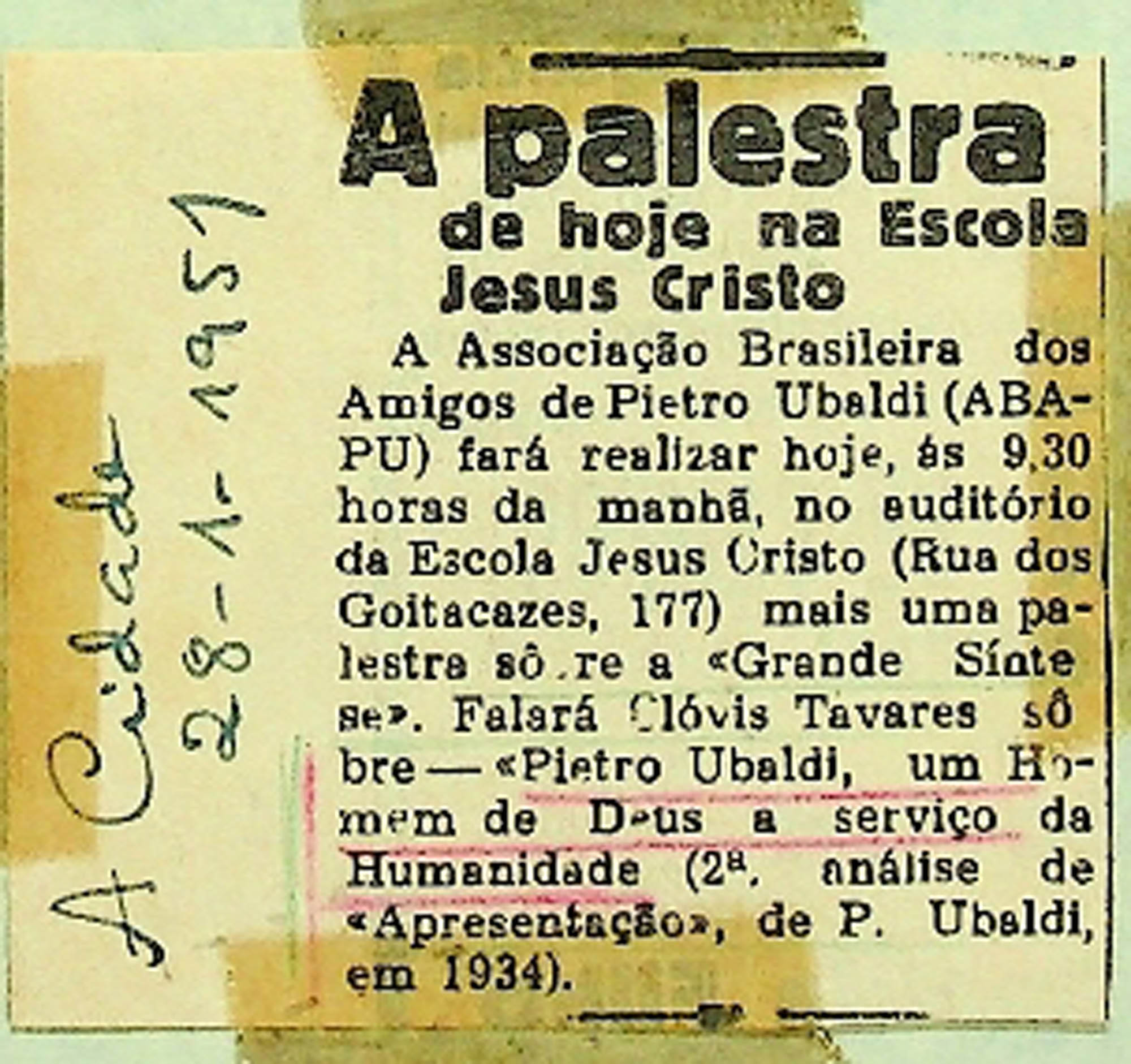 JN A CIDADE – 1951 (28 DE JANEIRO) A PALESTRA DE HOJE NA ESCOLA JESUS CRISTO