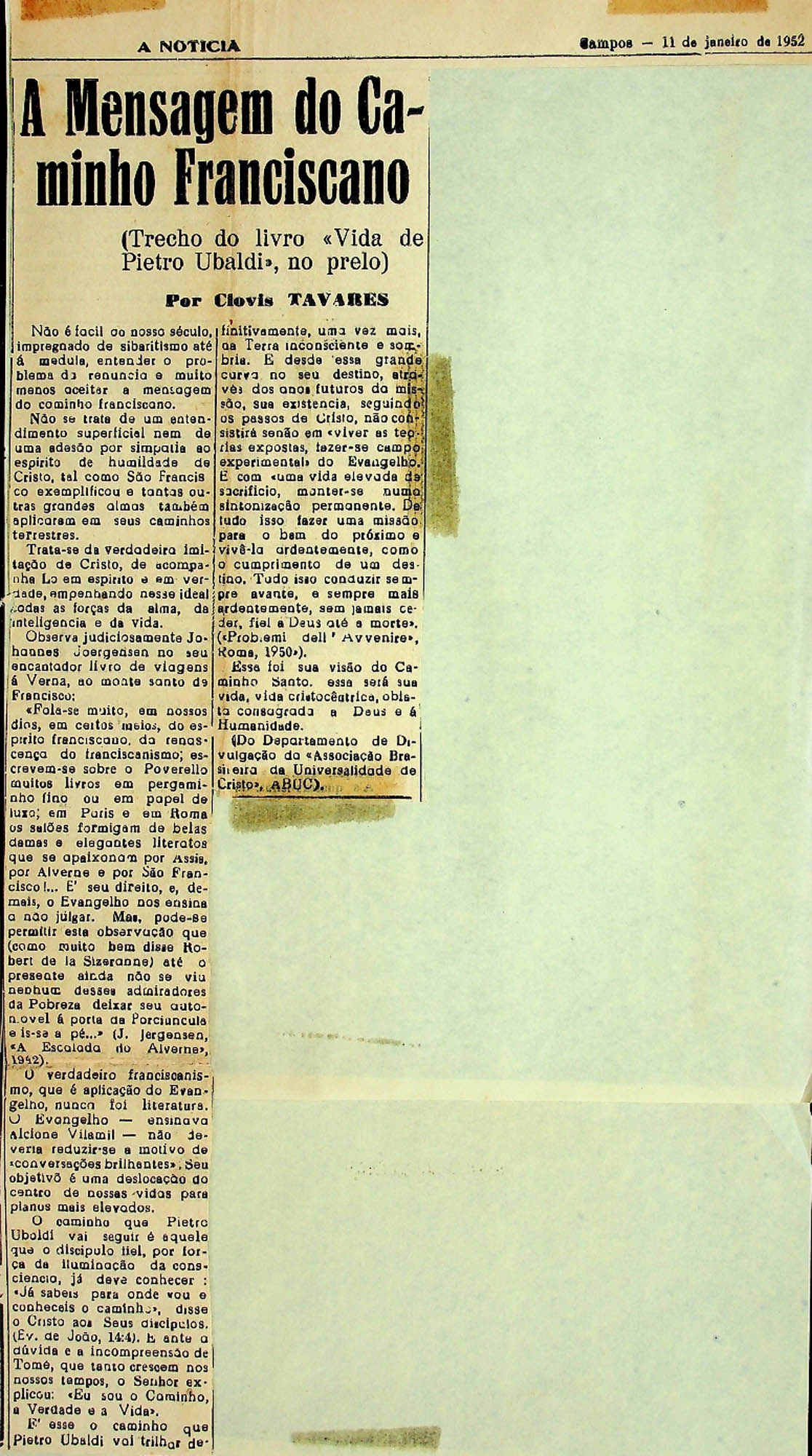 JN A NOTÍCIA – 1952 (11 DE JANEIRO) A MENSAGEM DO CAMINHO FRANCISCANO