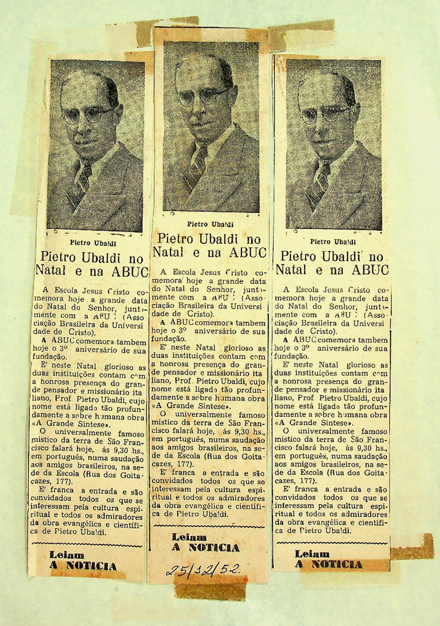 JN A NOTÍCIA – 1952 (25 DE DEZEMBRO) PIETRO UBALDI NO NATAL E NA ABUC