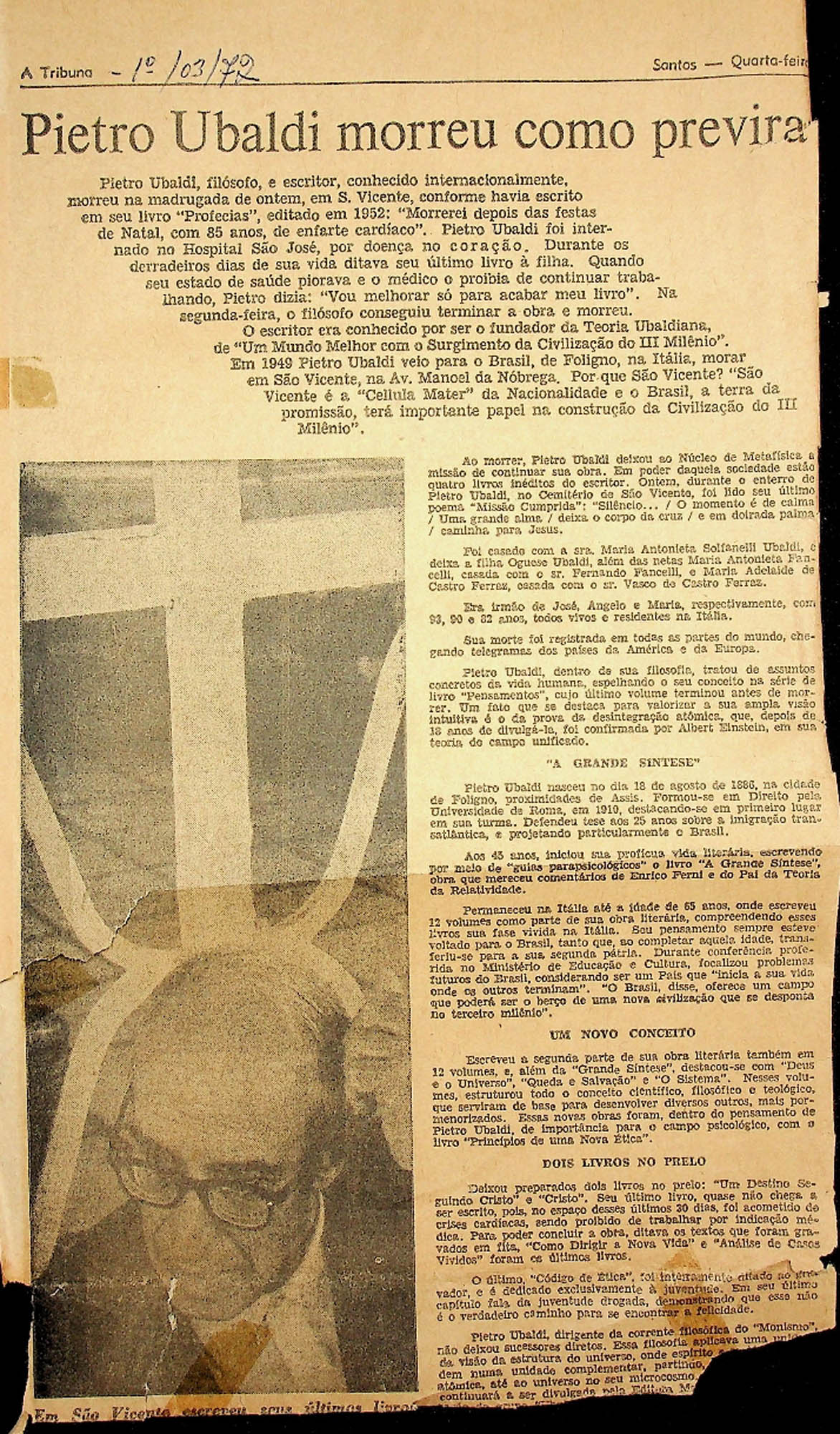 JN A TRIBUNA – 1972 (01 DE MARÇO) PIETRO UBALDI MORREU COMO PREVIRA