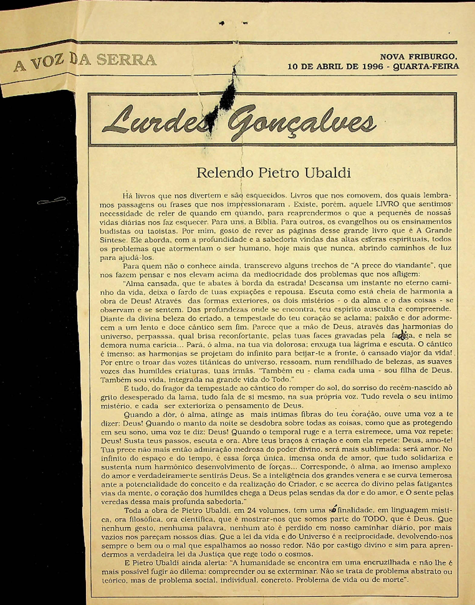 JN A VOZ DA SERRA – 1996 (10 DE ABRIL) RELENDO PIETRO UBALDI