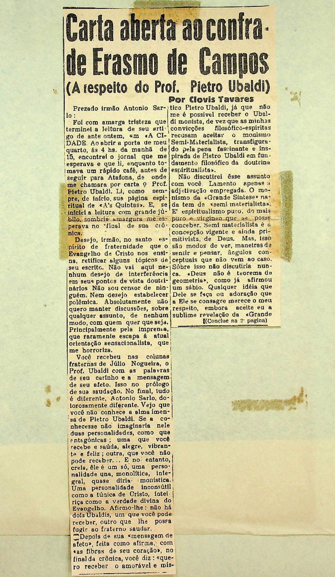 JN – CARTA ABERTA AO CONFRADE ERASMO DE CAMPOS (A RESPEITO DO PROF. PIETRO UBALDI)