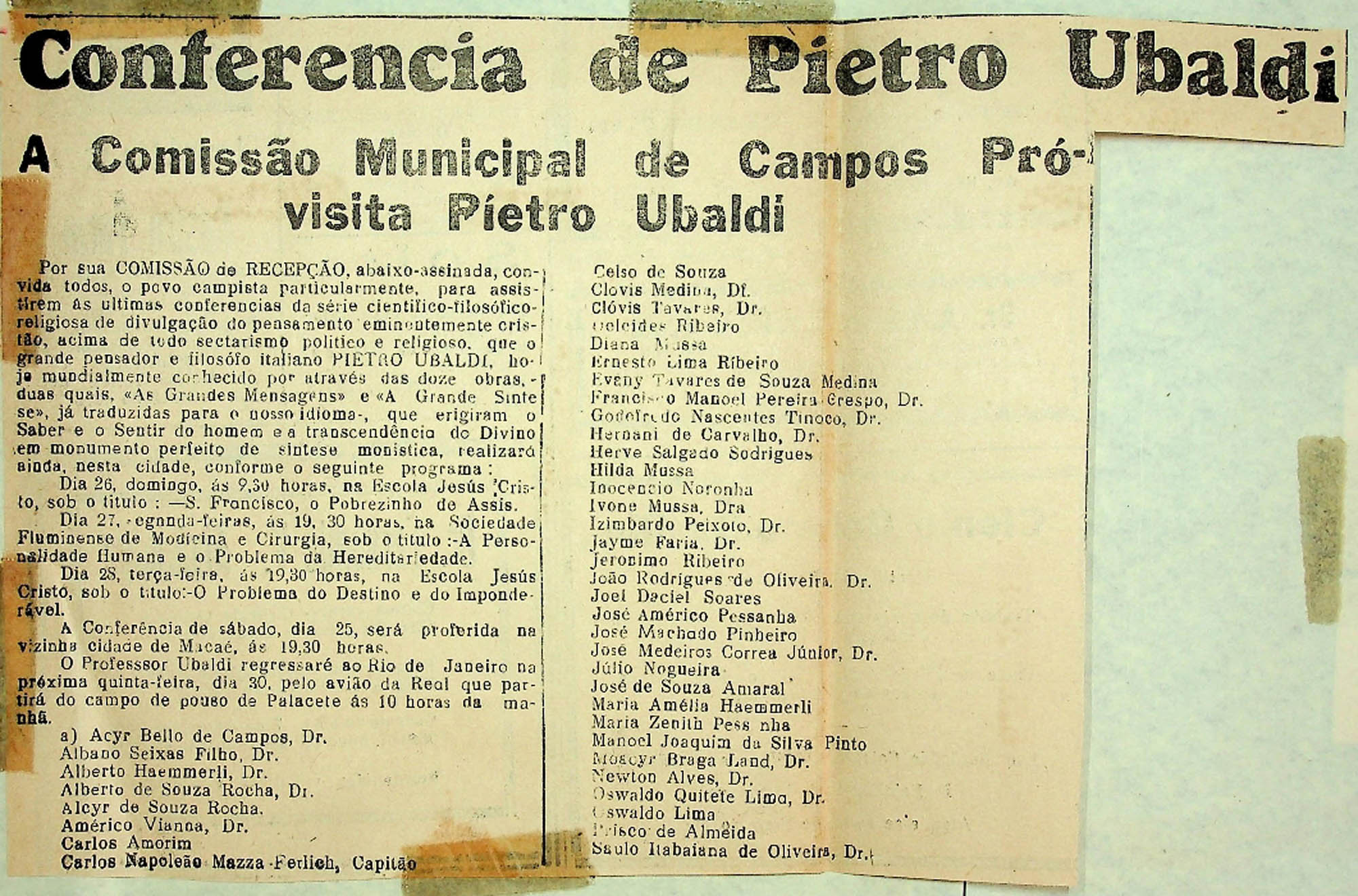 JN – CONFERENCIA DE PIETRO UBALDI – A COMISSÃO MUNICIPAL DE CAMPOS PRÓ-VISITA PIETRO UBALDI