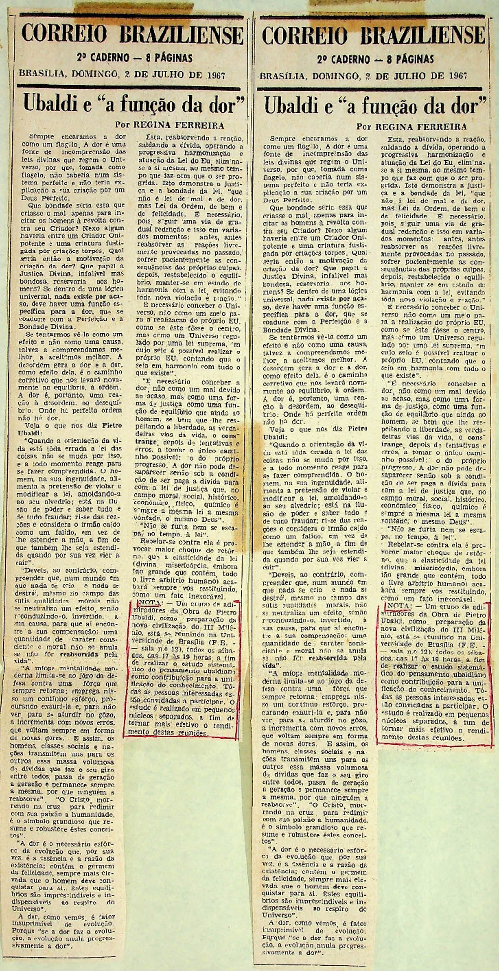 JN CORREIO BRAZILIENSE – 1967 (02 DE JULHO) UBALDI E A FUNÇÃO DA DOR