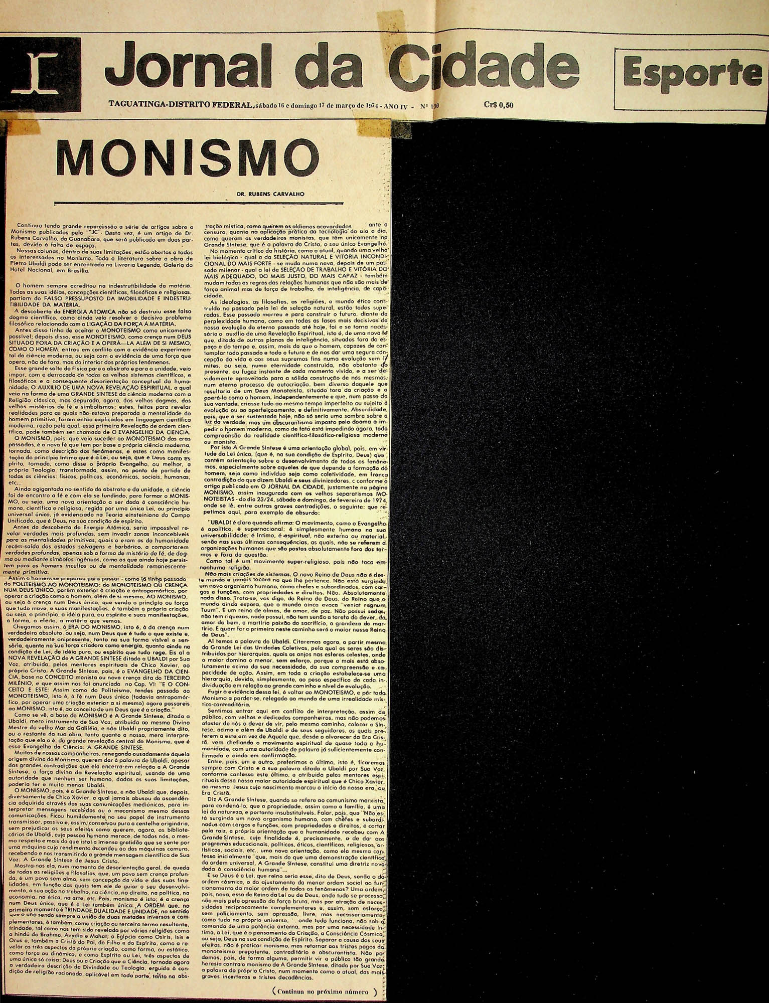JN DA CIDADE Nº130 – 1974 (16 E 17 DE MARÇO) MONISMO