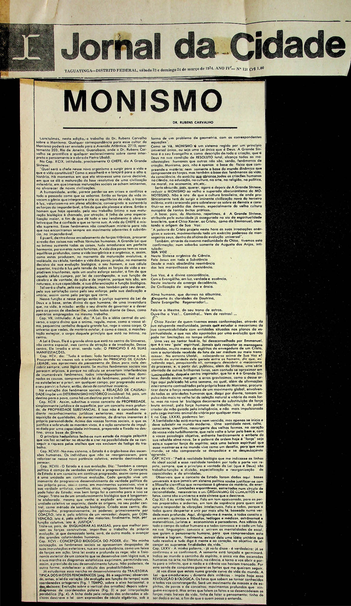 JN DA CIDADE Nº131 – 1974 (23 E 24 DE MARÇO) MONISMO