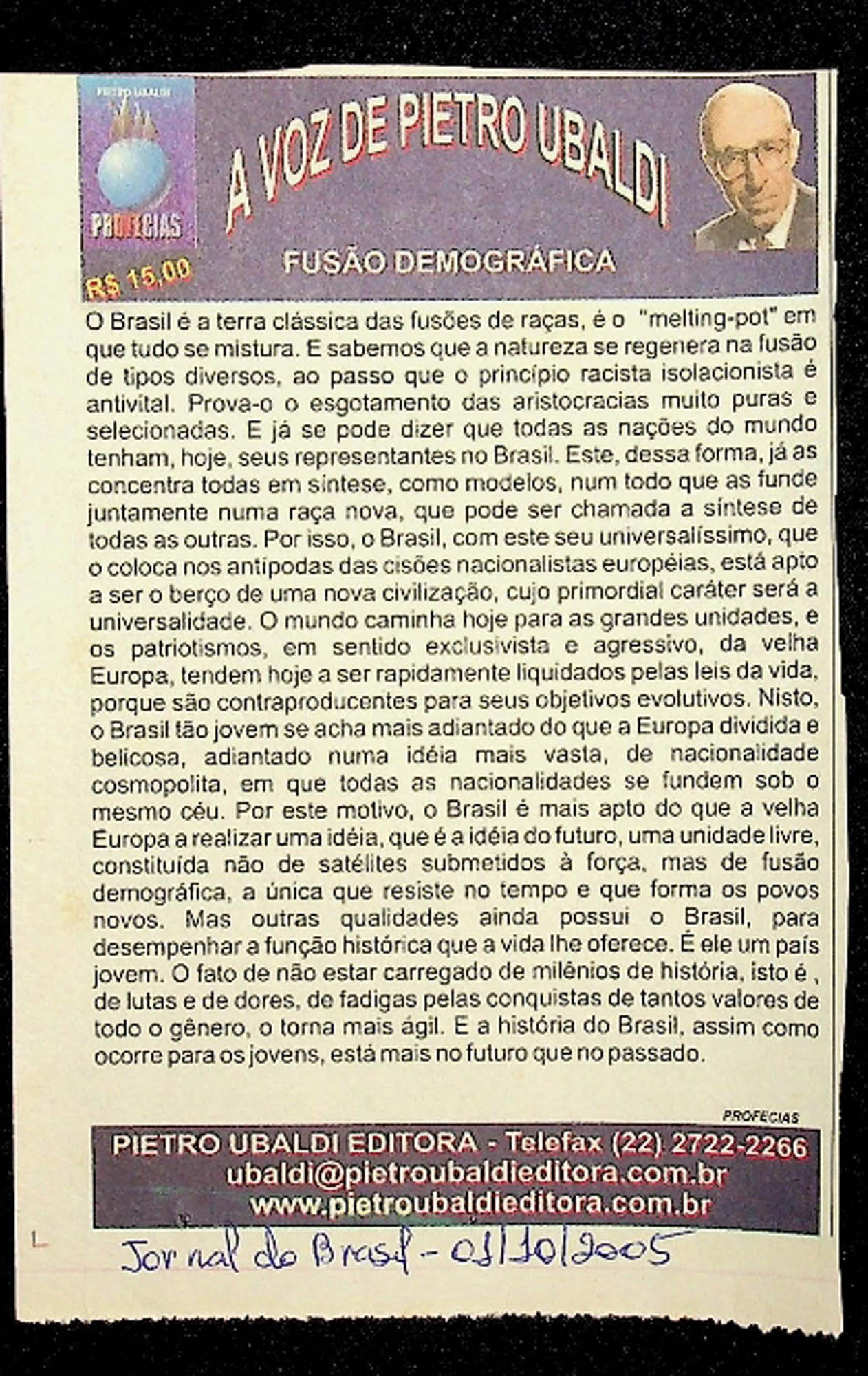 JN DO BRASIL – 2005 (01 DE OUTUBRO) PROFECIAS – FUSÃO DEMOGRAFICA