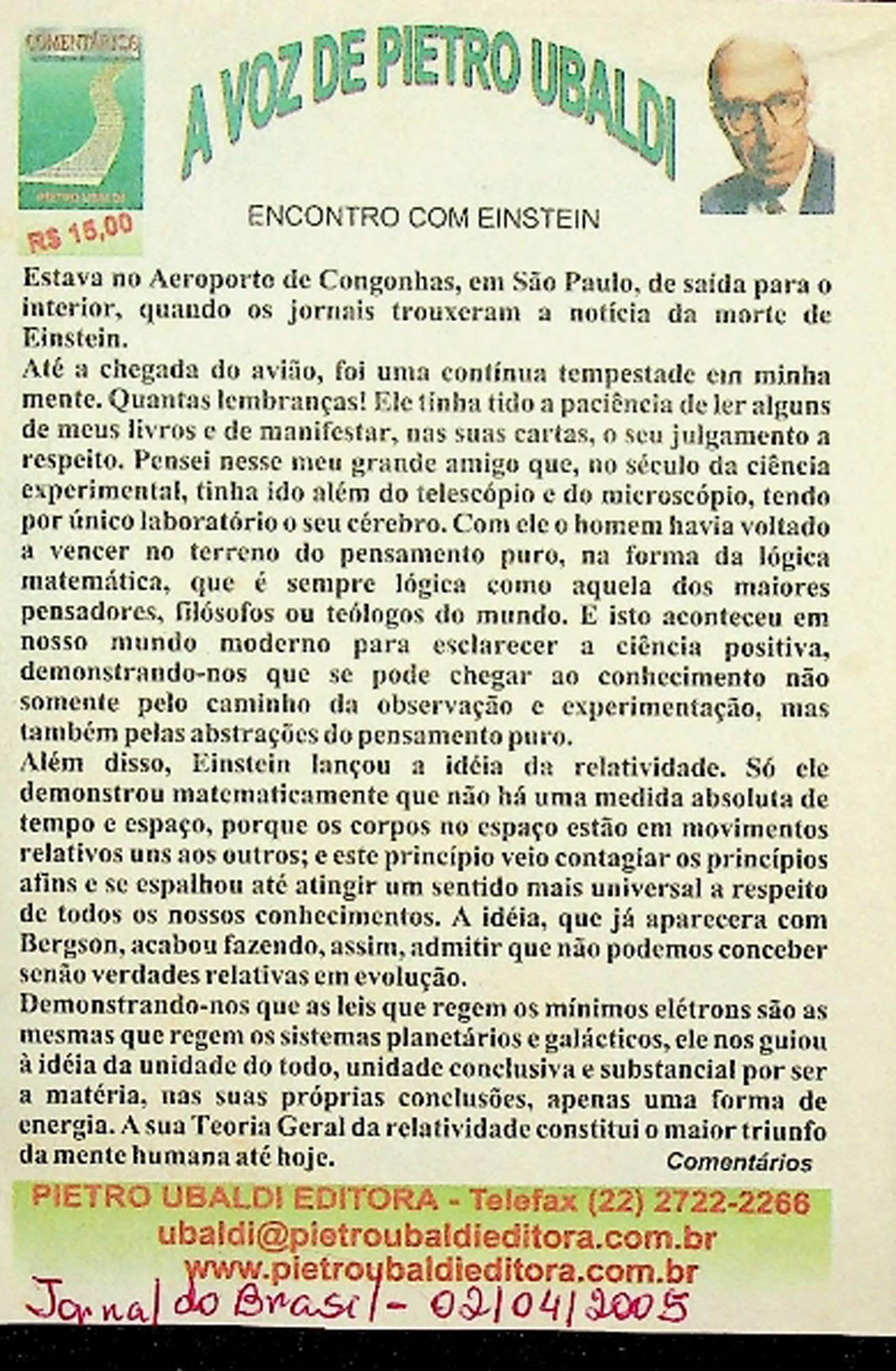 JN DO BRASIL – 2005 (02 DE ABRIL) COMENTARIOS – ENCONTRO COM EINSTEIN