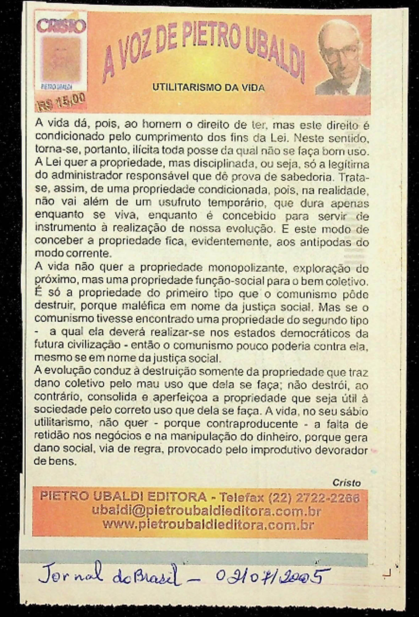 JN DO BRASIL – 2005 (02 DE JULHO) CRISTO ULTILITARISMO DA VIDA