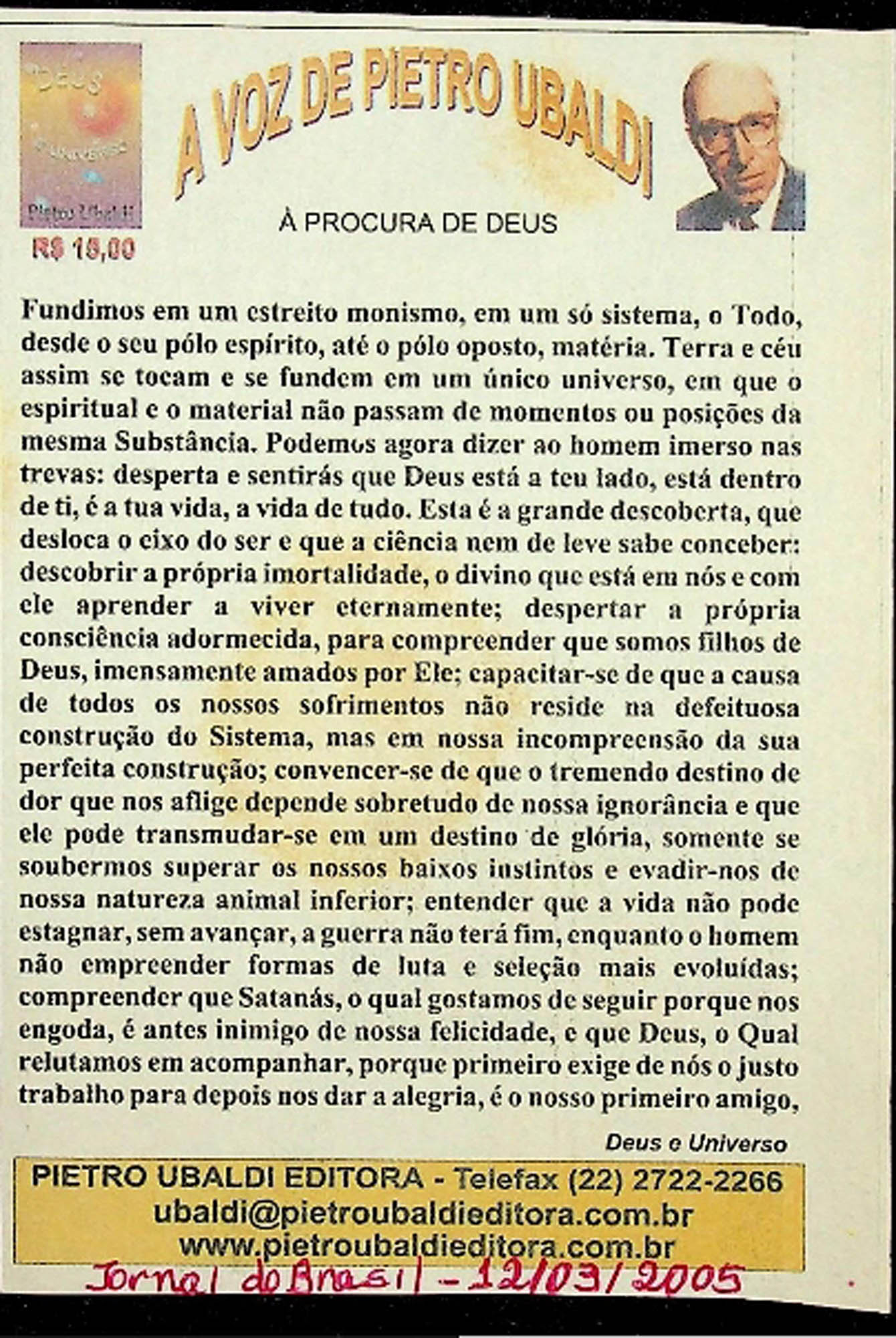 JN DO BRASIL – 2005 (12 DE MARÇO) DEUS E UNIVERSO – A PROCURA DE DEUS