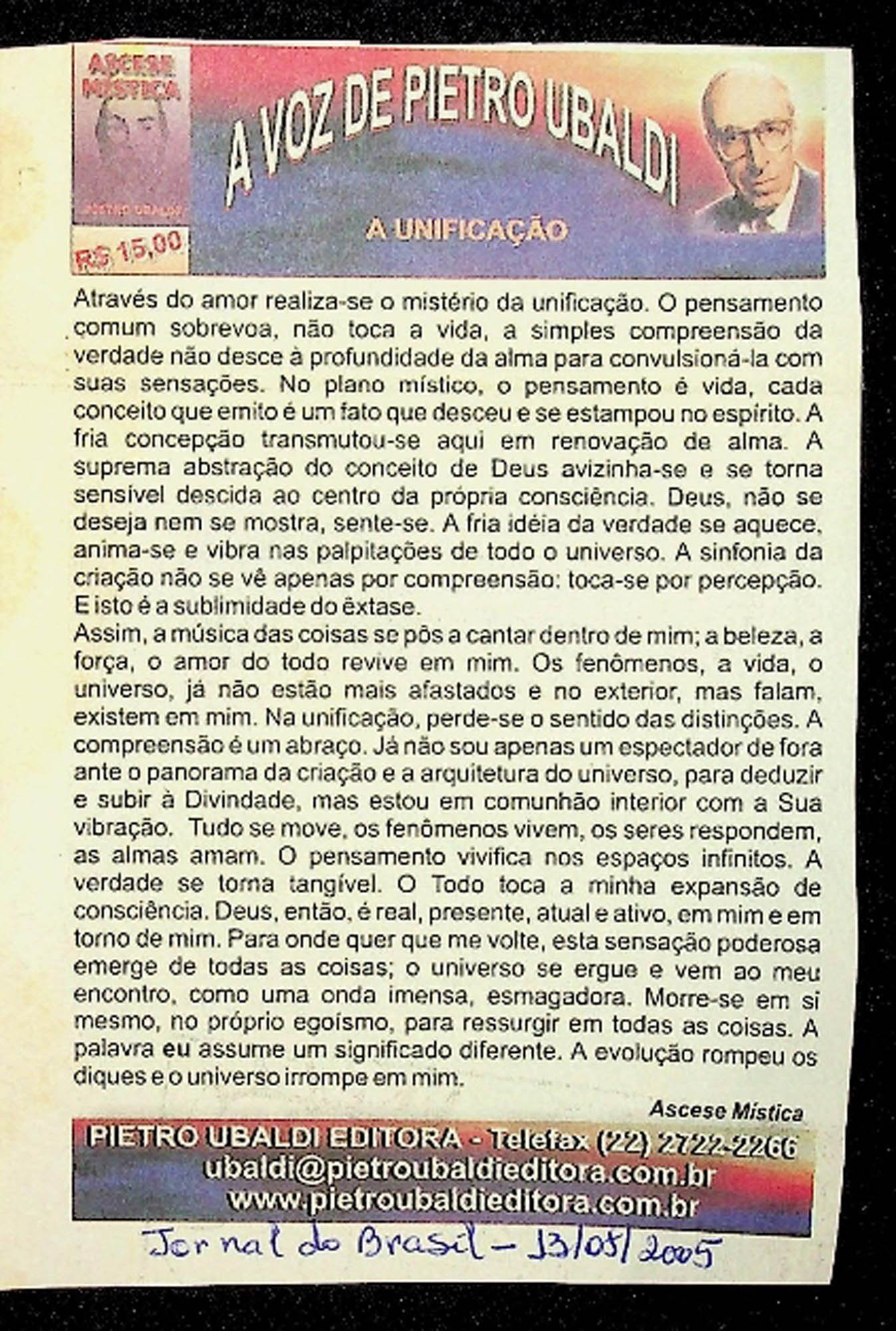 JN DO BRASIL – 2005 (13 DE AGOSTO) ASCESE MISTICA – A UNIFICAÇÃO