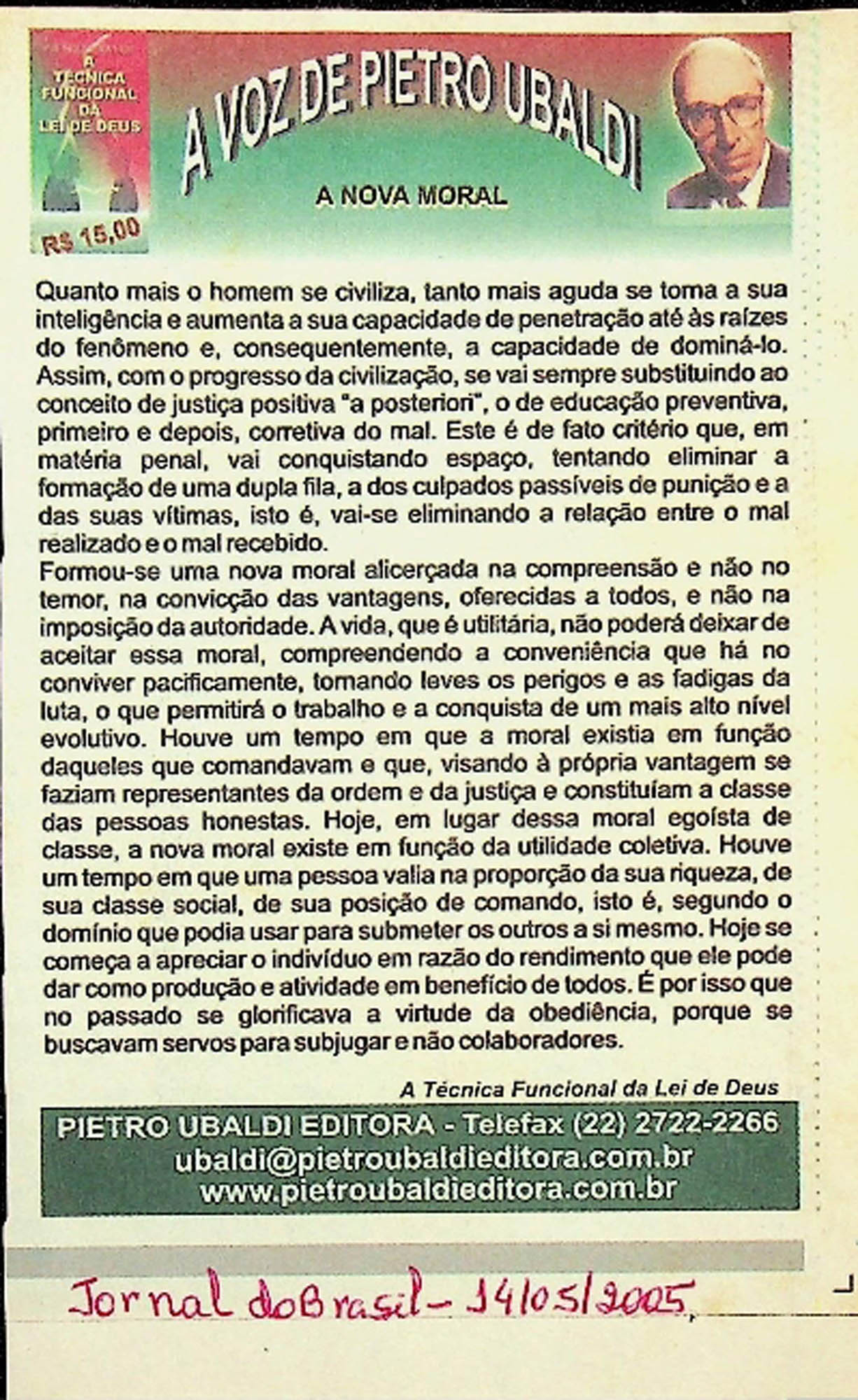 JN DO BRASIL – 2005 (14 DE MAIO) A TECNICA FUNCIONAL DE LEI DE DEUS – A NOVA MORAL