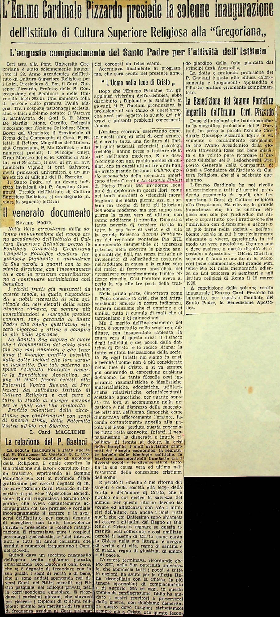 JN – L_EM.MO CARDINALE PIZZARDO PRESIEDE LA SOLENNE INAUGURAZIONE DELL_INSTITUTO DI CULTURA SUPERIORE RELIGIOSA ALLA GREGORIANA